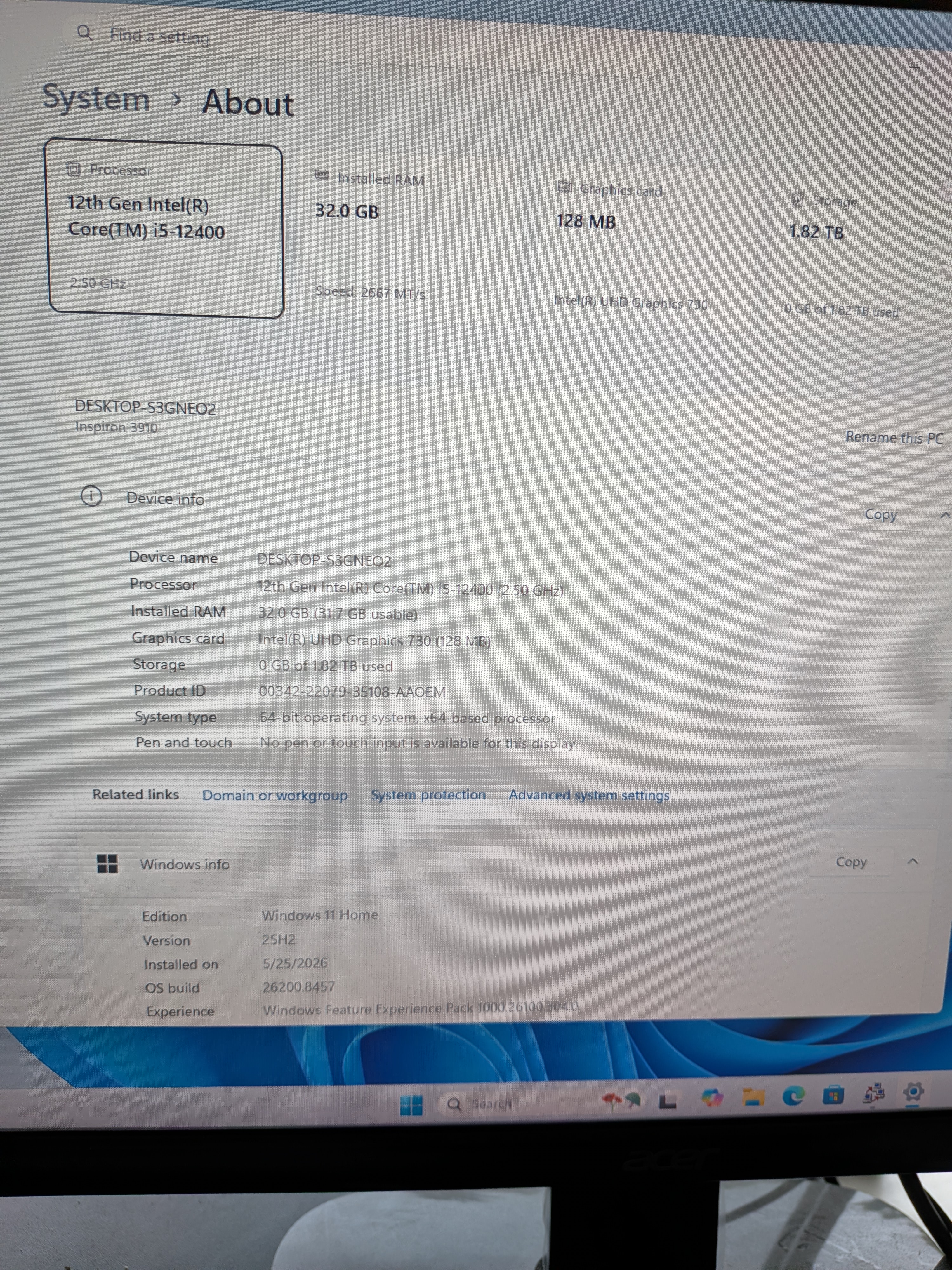 Dell Inspiron 3910 Desktop, i5-12400, 32GB RAM, 1TB NVMe + 1TB HDD, Windows 11
