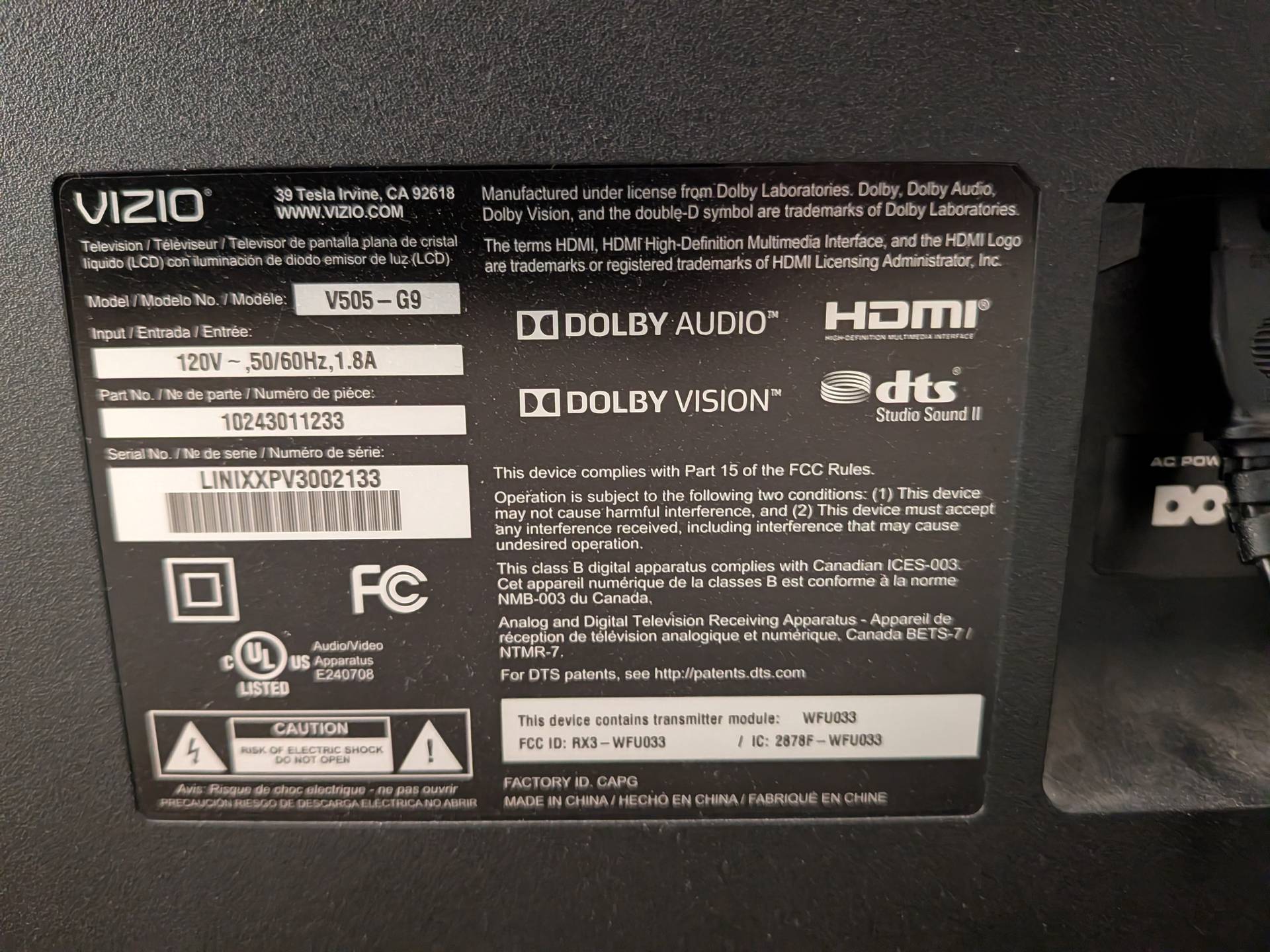 Vizio 50" 4K UHD Smart TV, Model V505-G9, with Remote