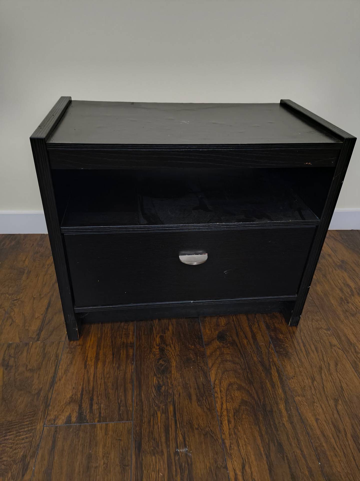 Small Black Cabinet with Drawer and Open Shelf