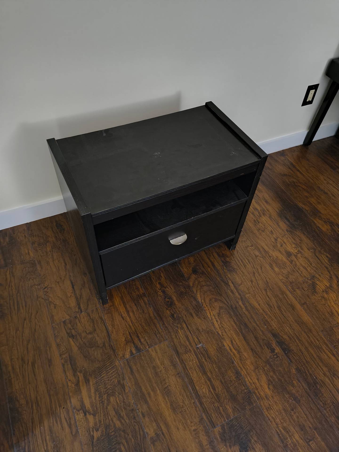 Small Black Cabinet with Drawer and Open Shelf